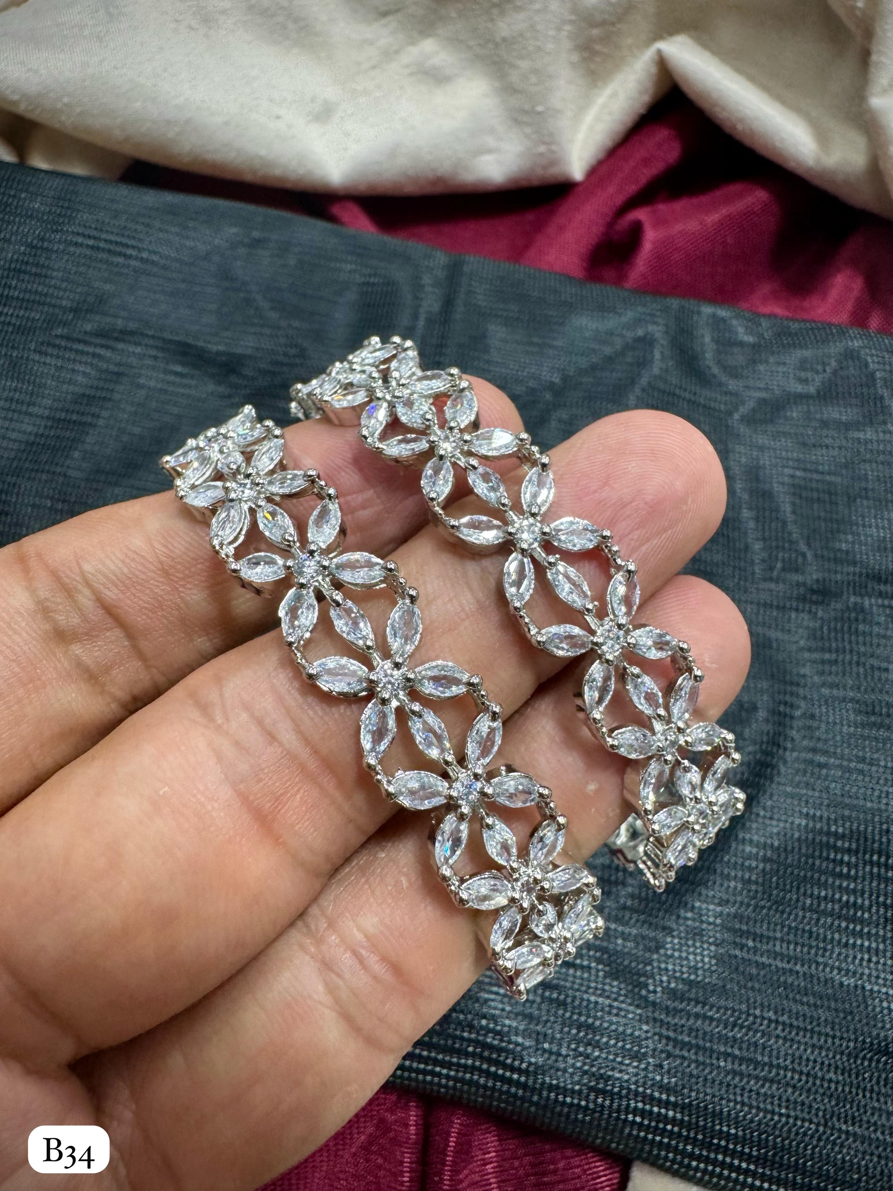 Silver-Tone American Diamond Floral Bangle Pair